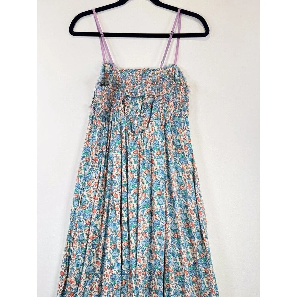 Free People Maxi Dress Blue Molly Jo Floral Button Down Cutout Back Smocked XS